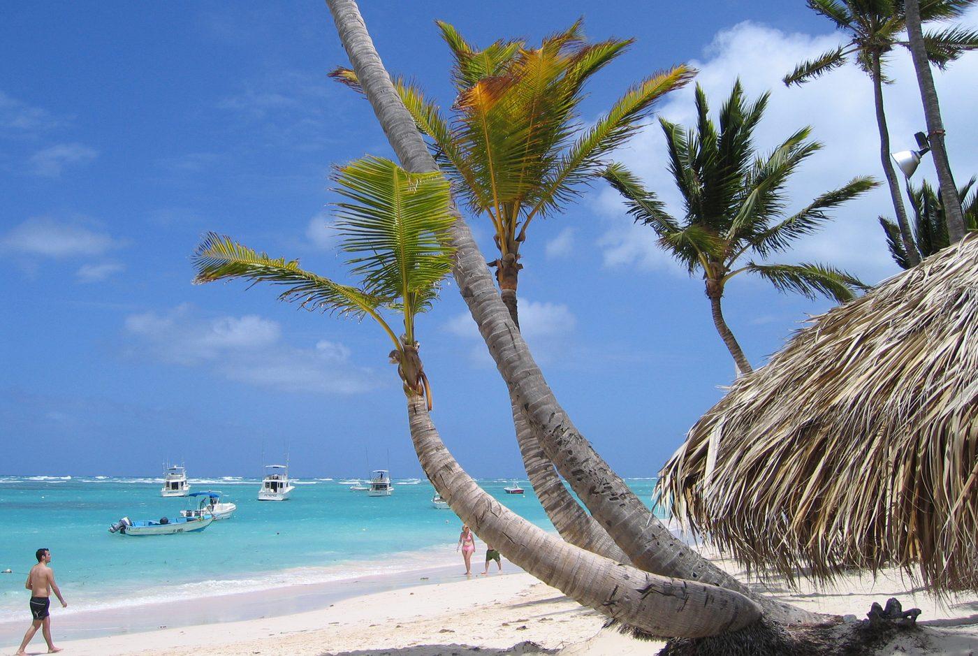 Leaning coconut palms on the white sand of Bávaro Beach, with boats in the turquoise water, in Punta Cana